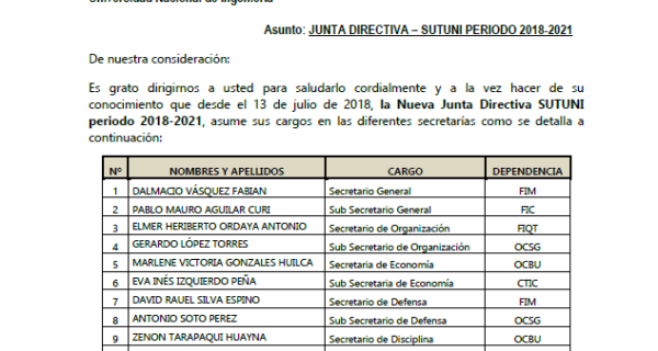 Oficio de Conocimiento de la Nueva Junta Directiva 2018 a 2021